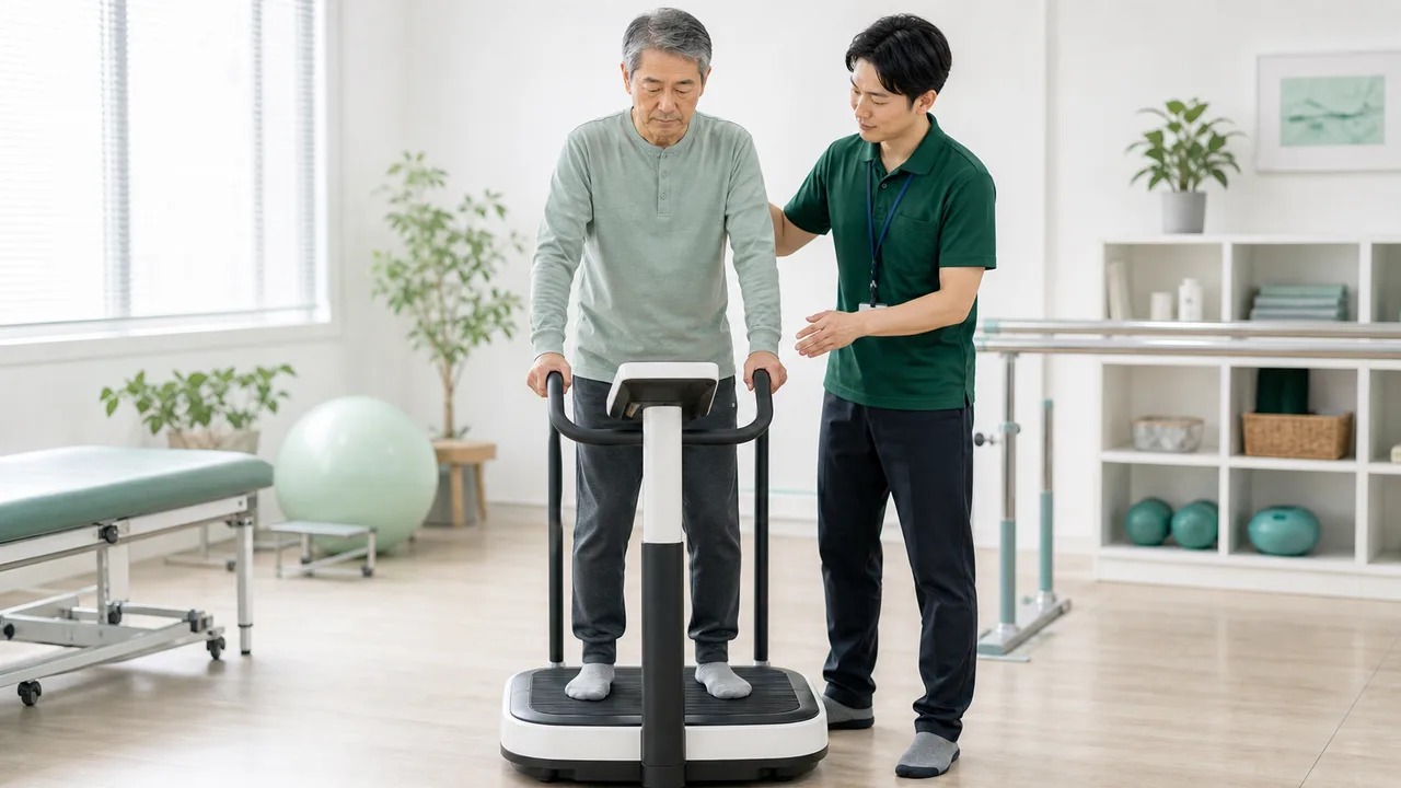 専門職の見守りのもと全身振動の台に立つ様子