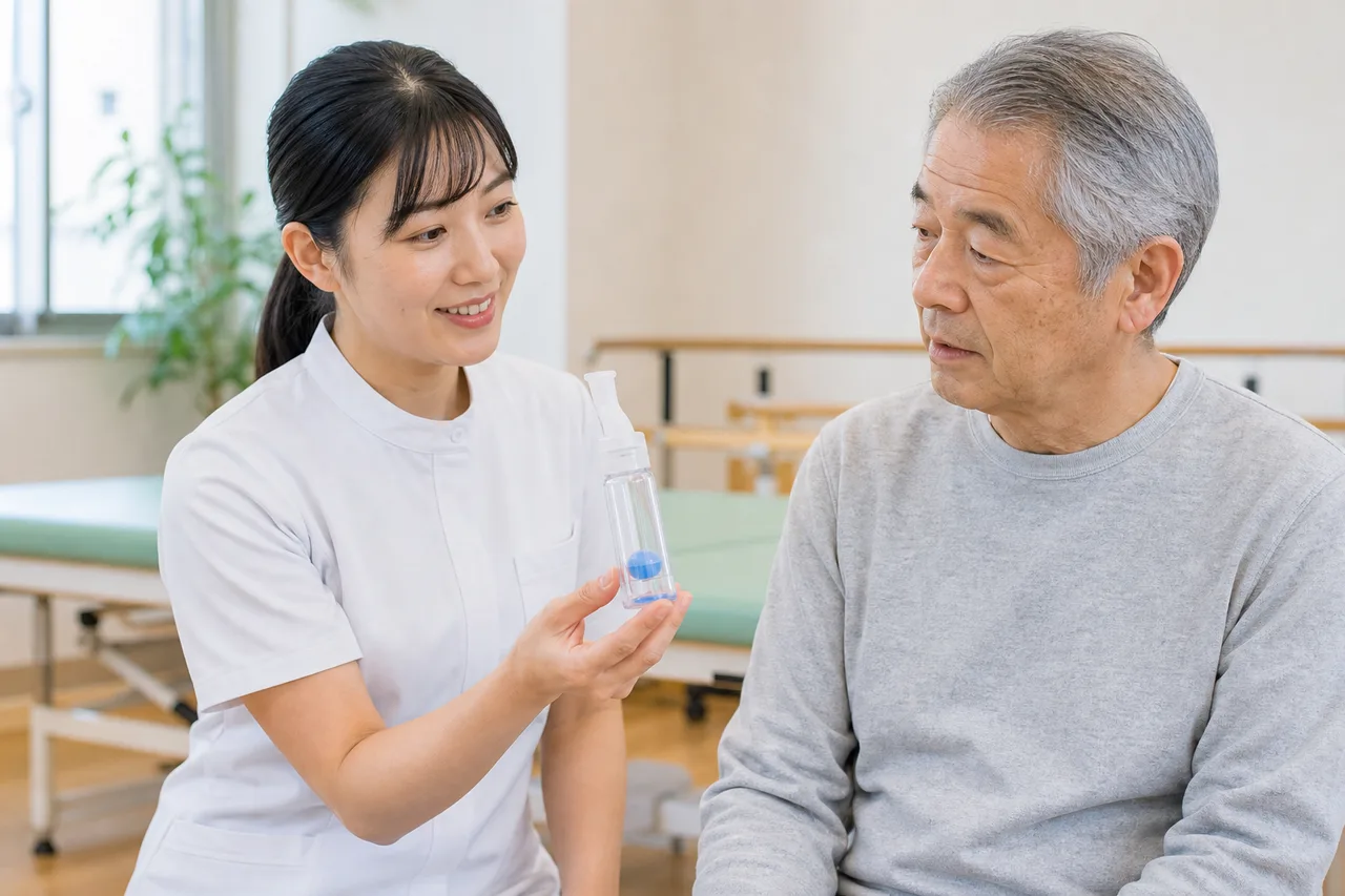 専門職が呼気筋トレーニング器具の使い方を説明する様子