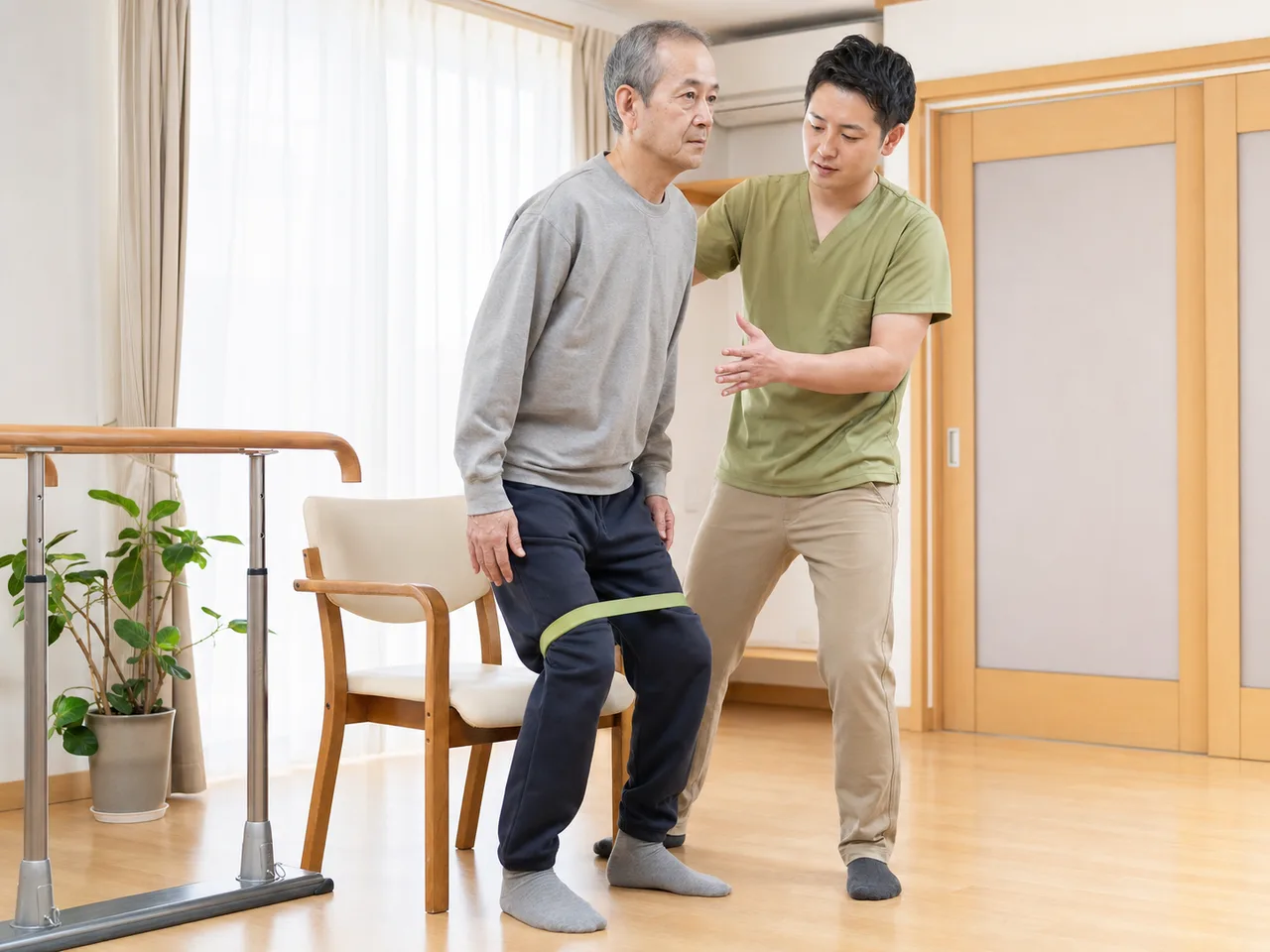 専門職の見守りのもと椅子から立ち上がる筋力トレーニング