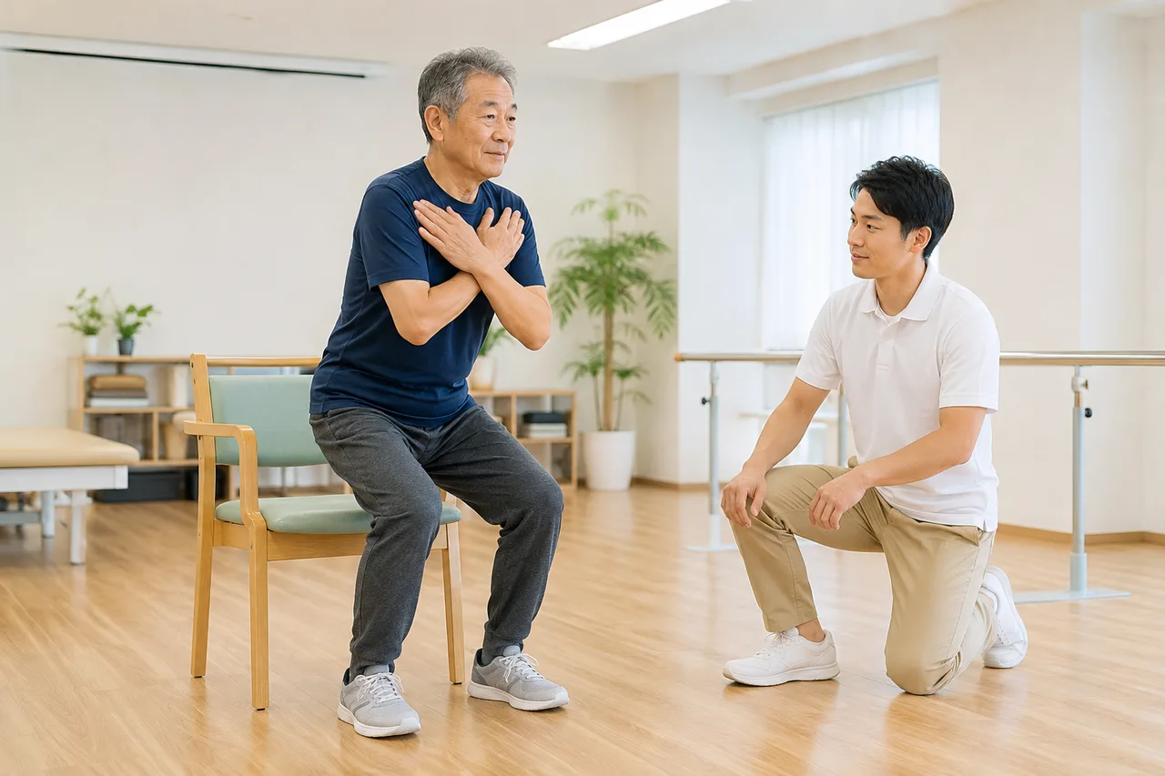 変形性膝関節症の人が療法士の見守りで椅子から立ち上がる練習をする場面