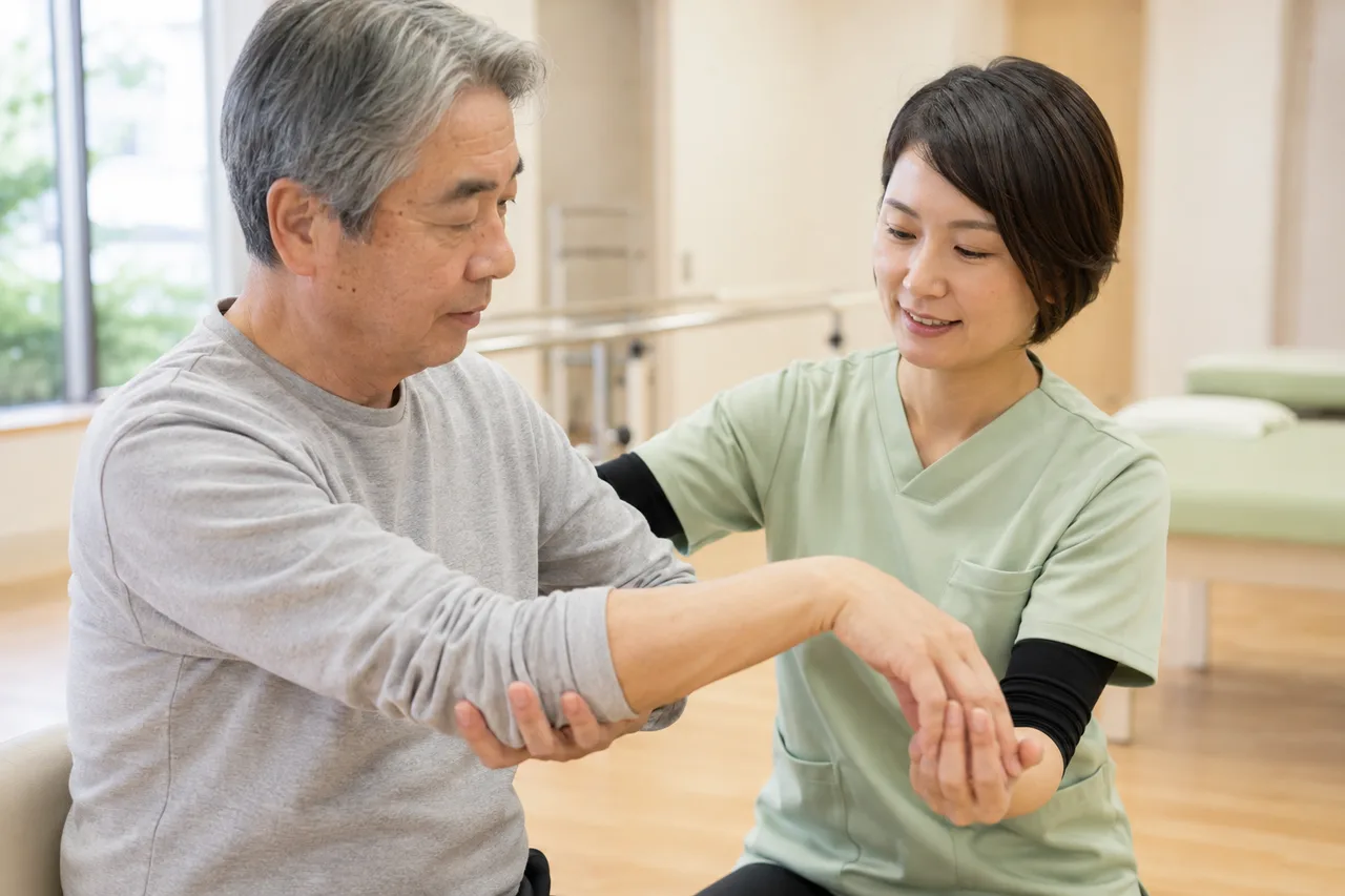 脳卒中後の上肢に対して療法士と無理のない範囲で動作練習を行う場面