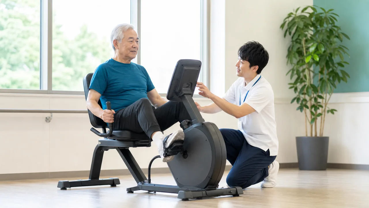 高齢者が専門職と負荷を確認しながら固定式自転車を漕ぐ様子