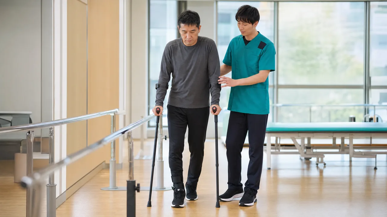 不全脊髄損傷後に前腕支持杖を使って歩行練習を行う人と見守るリハビリ専門職