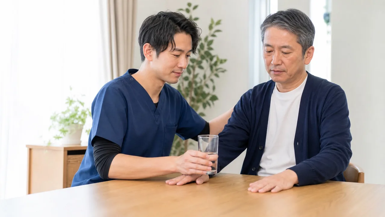 課題指向型アプローチでコップを持つ練習をする脳卒中後の上肢リハビリのイメージ