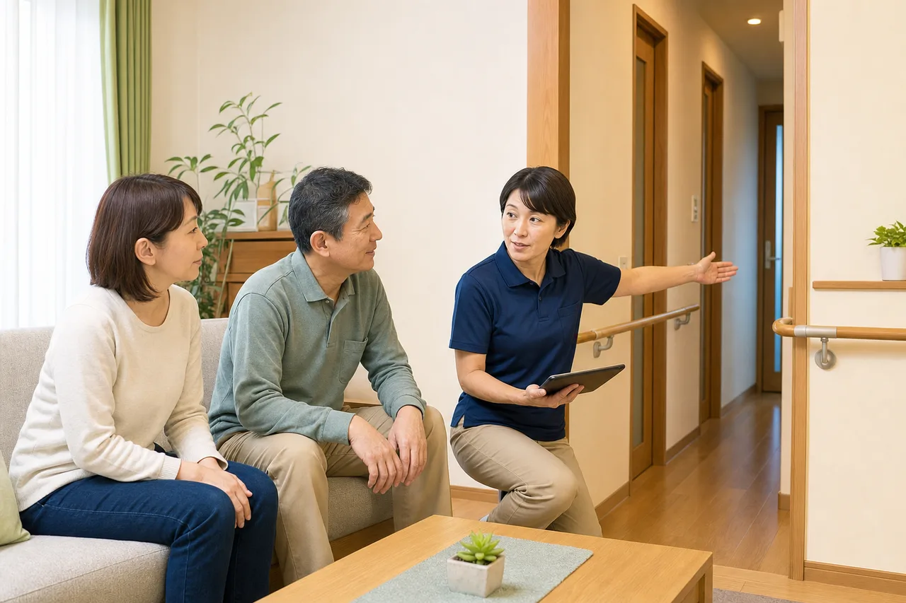 本人と家族が専門職と自宅内の安全な動線を相談する様子