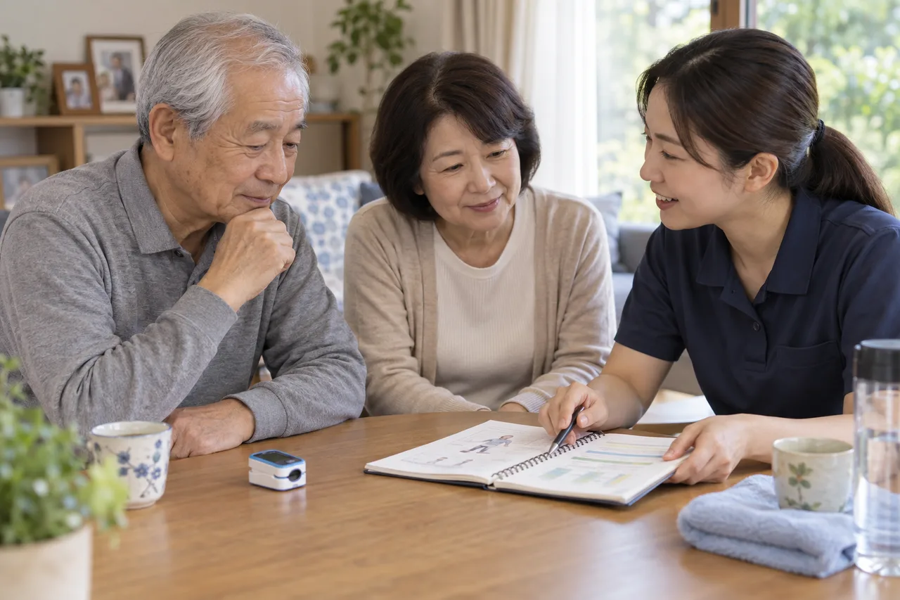 心臓血管手術前の運動計画を家族と専門職に相談する高齢者