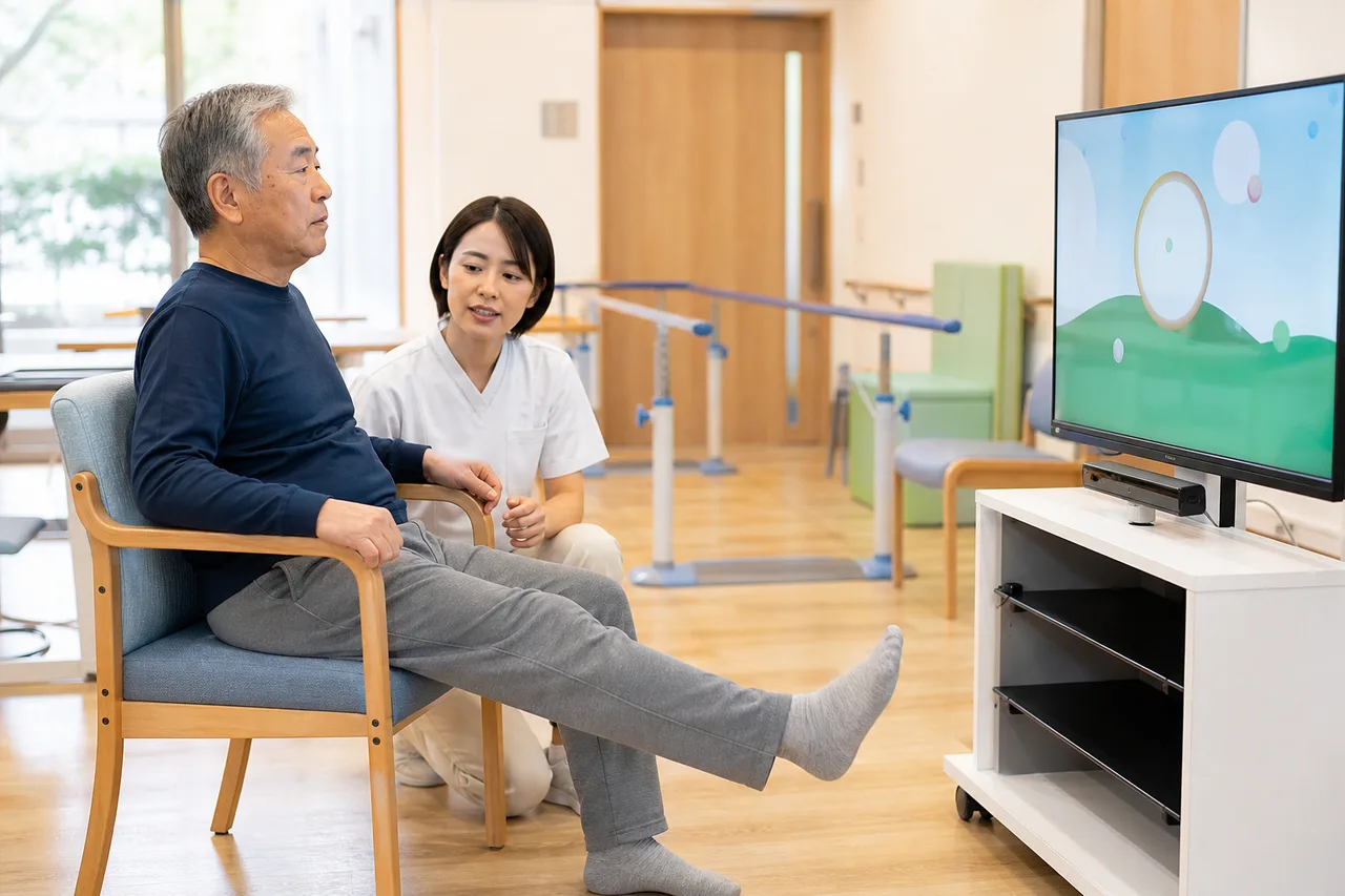 変形性膝関節症の方が座位で安全に膝のVR運動を行う場面