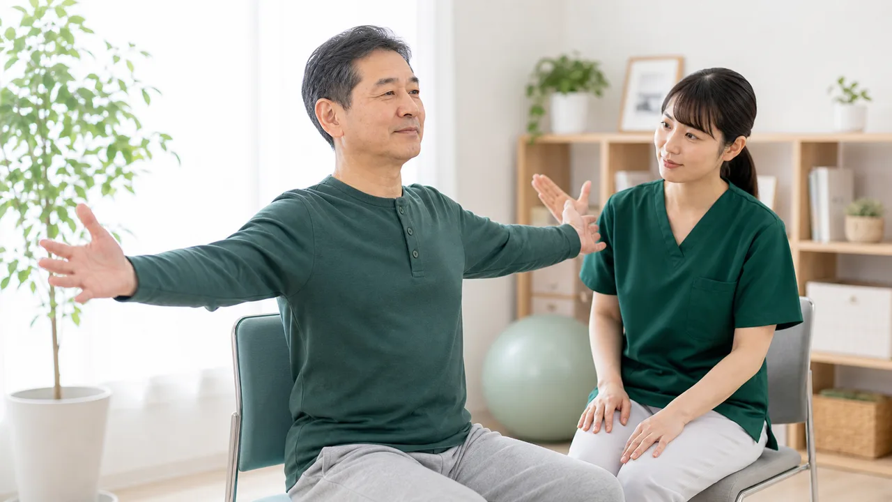 椅子に座って呼吸に合わせて腕を広げるヨガの様子