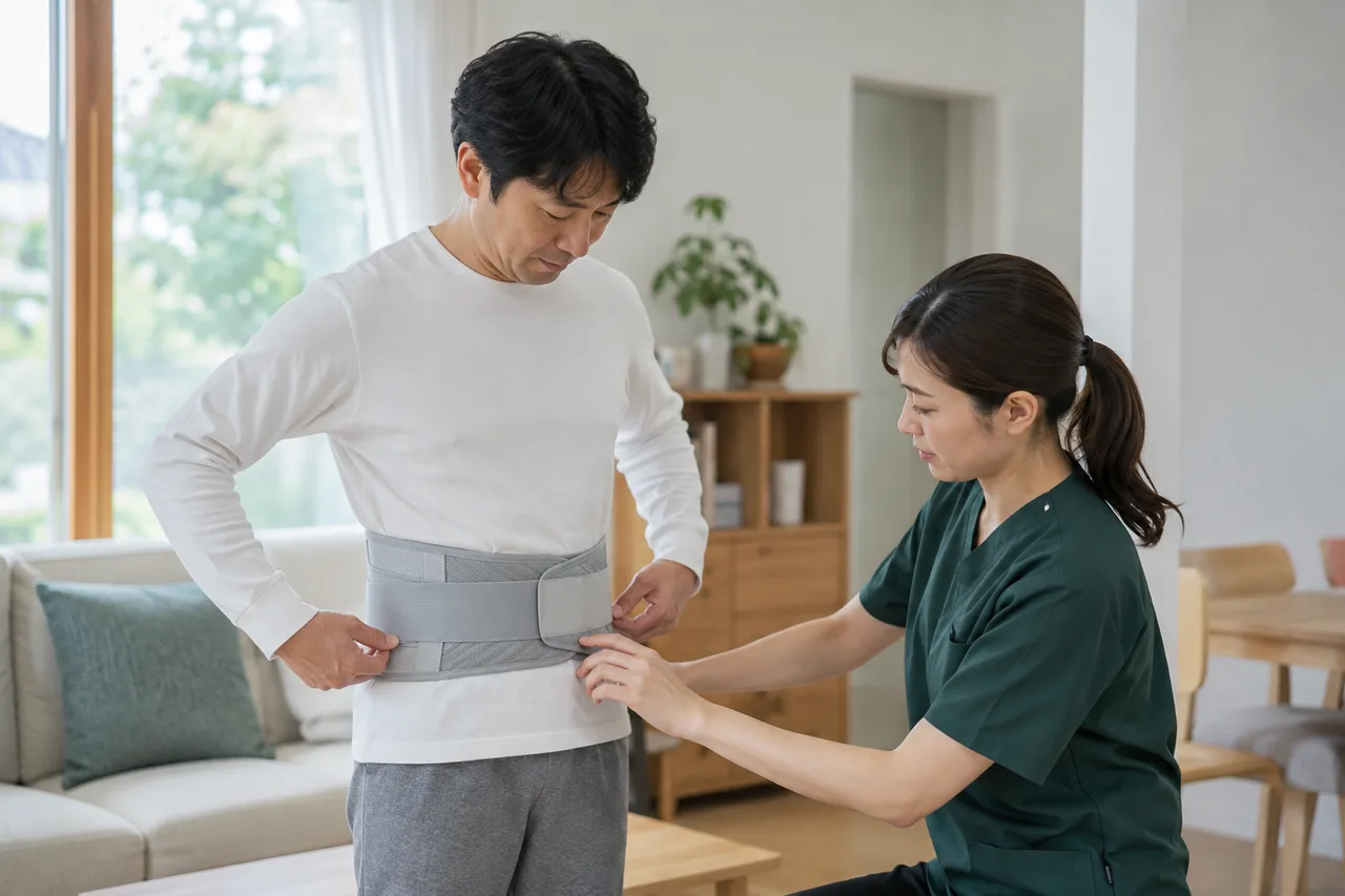 腰部装具のフィットを専門職と確認する場面