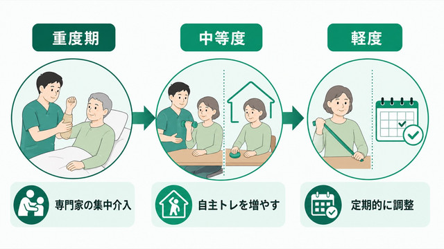 脳卒中後上肢リハビリで重度期は専門家の集中介入から中等度軽度では自主トレ中心へ移行する説明図