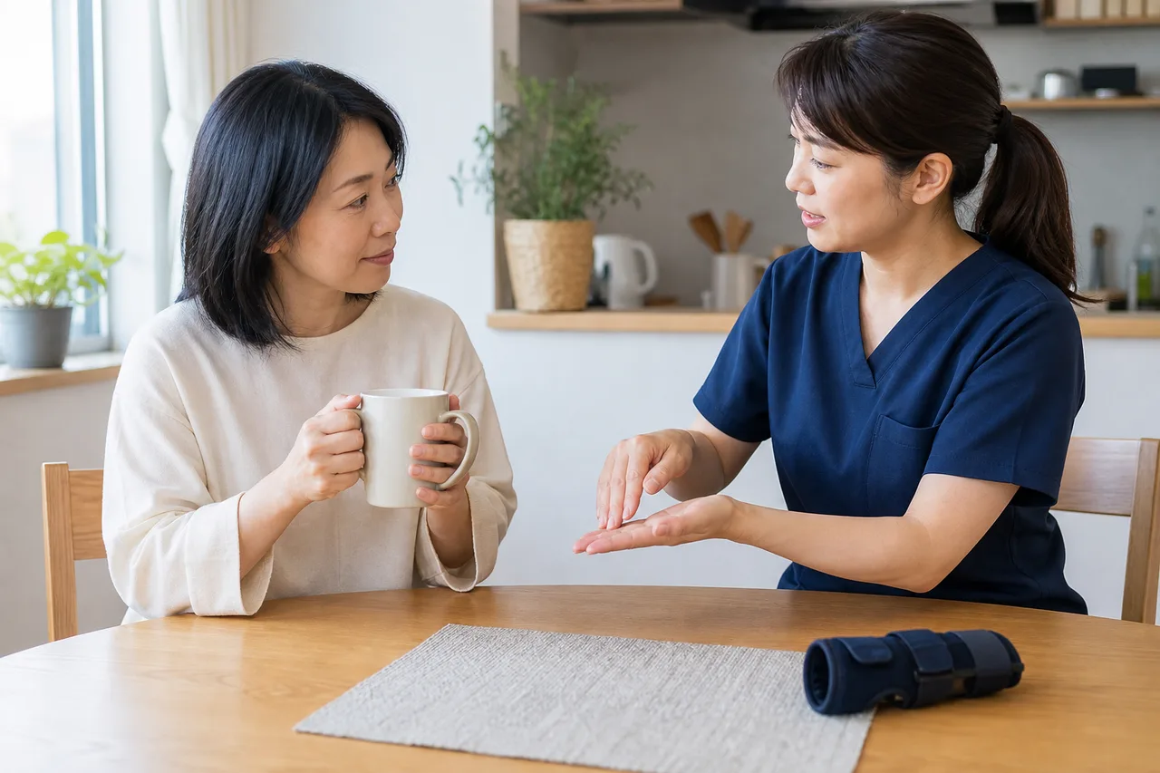 手根管症候群のある成人と専門職が手首に配慮したカップの持ち方を確認する様子