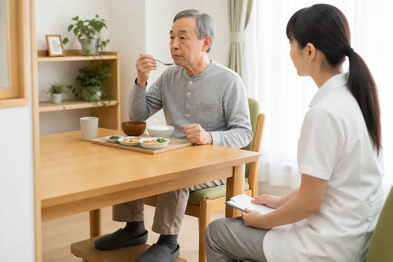 パーキンソン病の方の食事姿勢と飲み込みを専門職が確認する様子