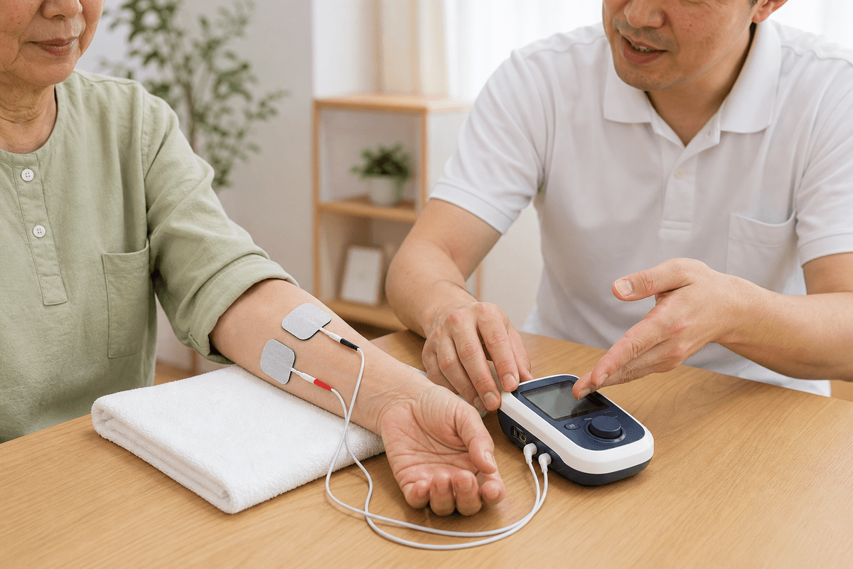 手と腕に電極を付けて行う電気刺激療法の様子