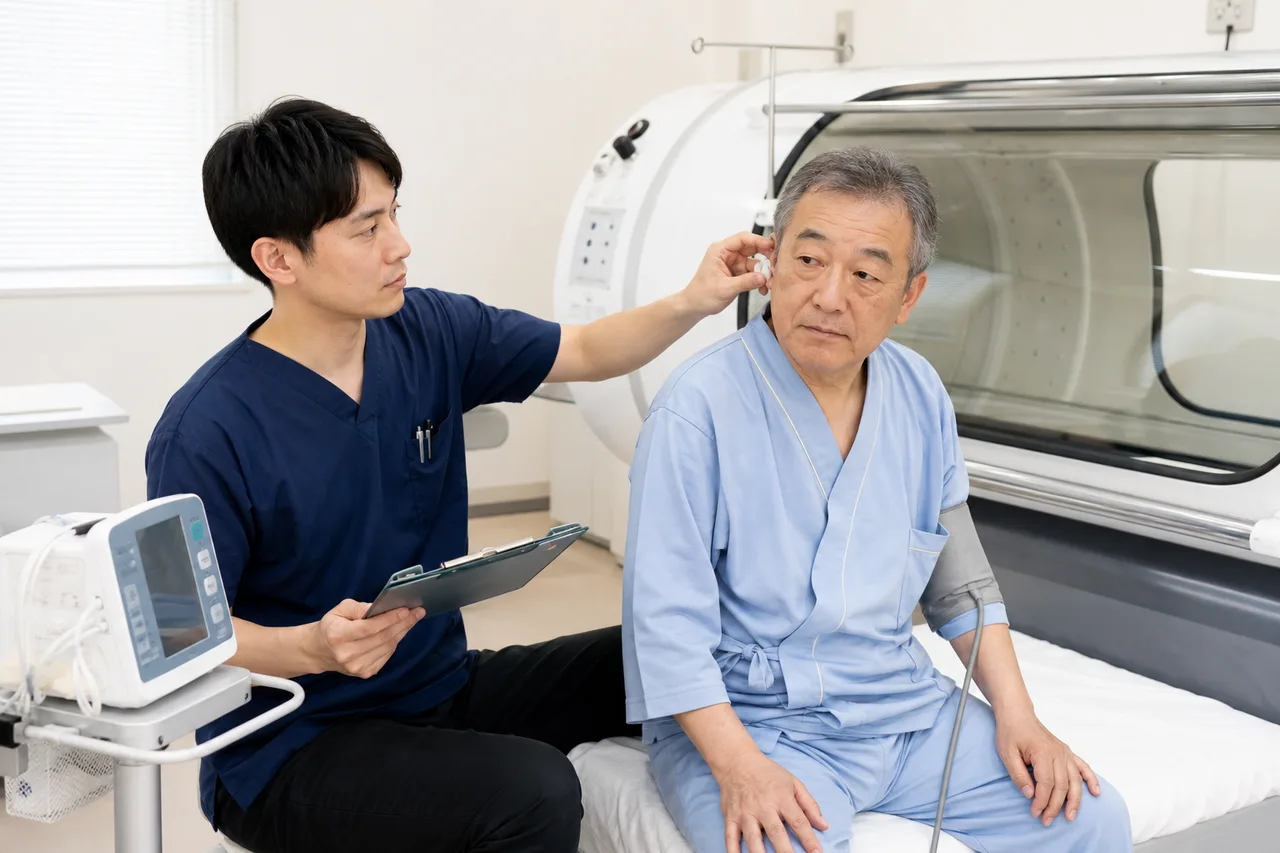 高圧酸素療法の前に耳の状態と血圧を確認する場面