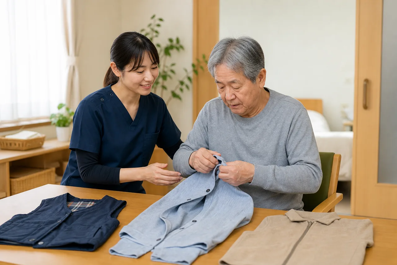 作業療法士が脳卒中後の更衣動作を見守り、衣服の扱い方を一緒に確認する場面