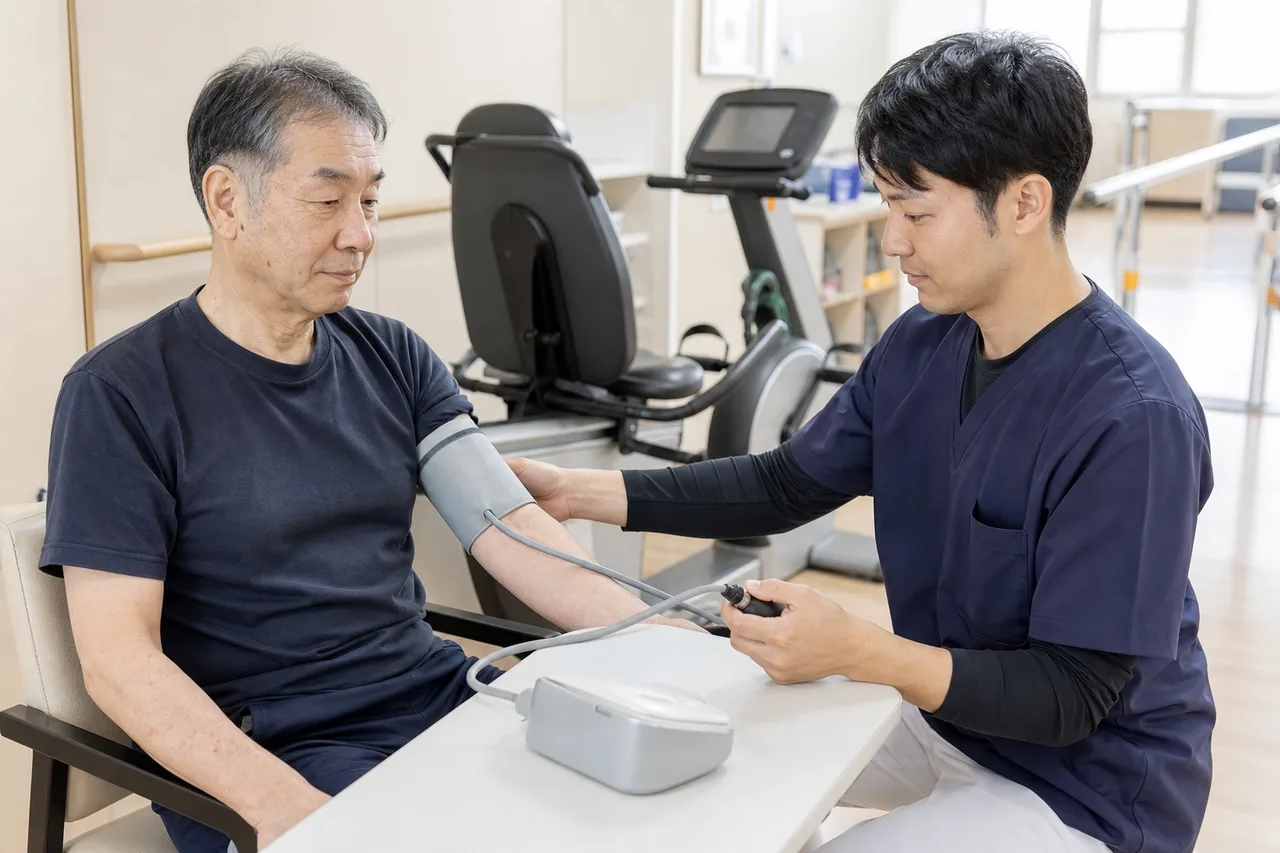 運動前に血圧を確認する高齢者と専門職