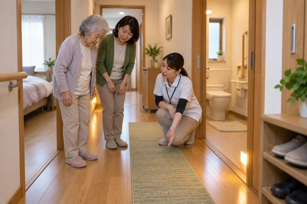 本人・家族・作業療法士が家の動線と転倒リスクを確認する場面