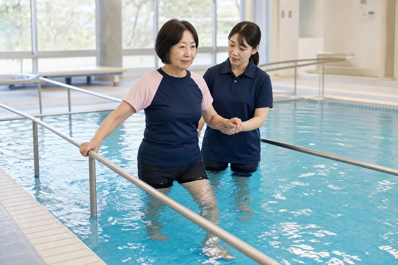 専門職の見守りと手すりのある環境で、水中で重心移動を練習する様子