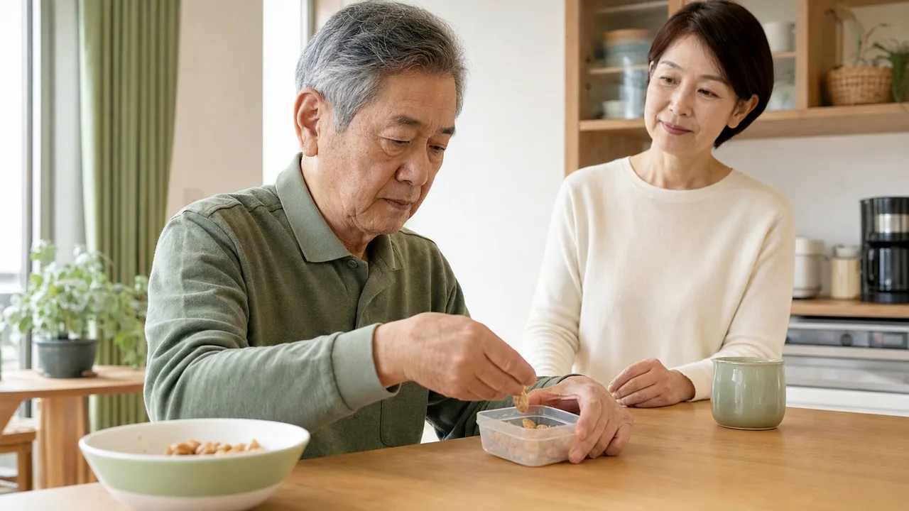 脳卒中後の方が家庭で麻痺した手を補助手として安全な軽作業に取り入れ、家族が見守る様子