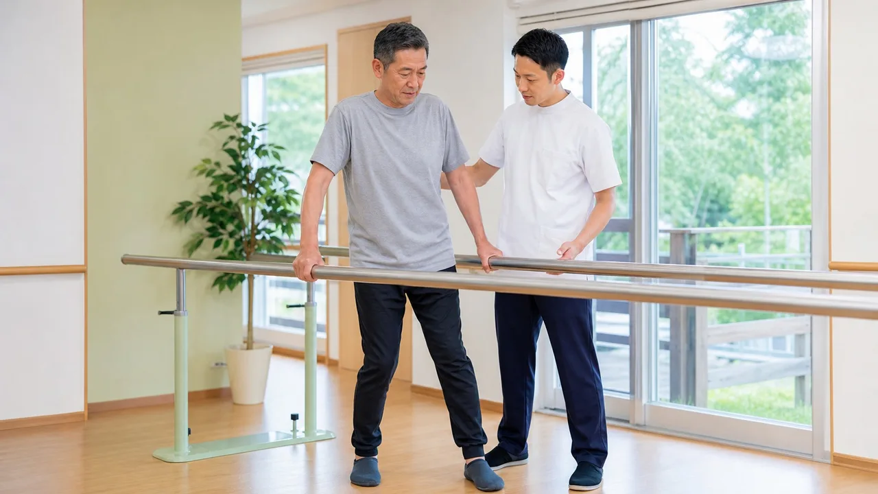 手すりを使ってバランス練習をするリハビリ場面