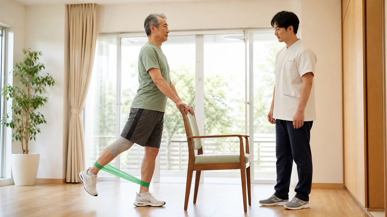 TKA後に椅子を支えとして低負荷の下肢筋力練習を行う場面