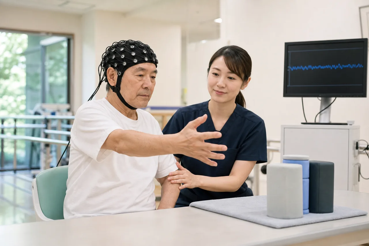 非侵襲的な脳波計を装着し、専門職の見守りで上肢訓練を行う様子