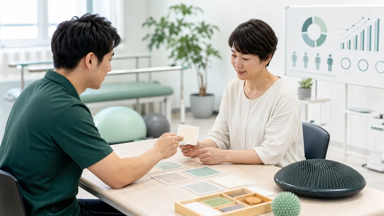 感覚再教育の研究結果と練習内容を専門職と確認する様子