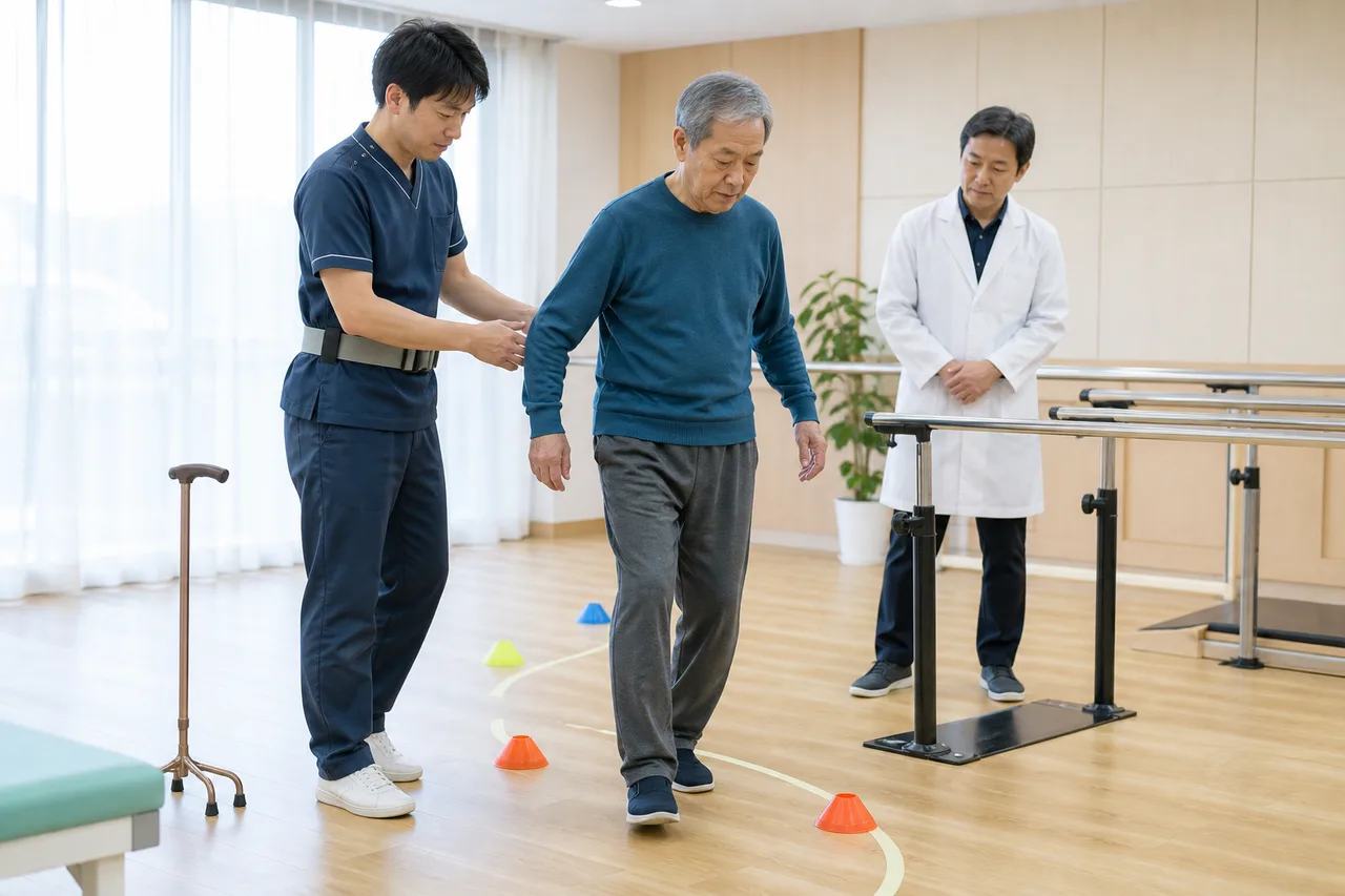 DBS後の方が医師とリハビリ専門職の見守りで歩行評価を受ける様子