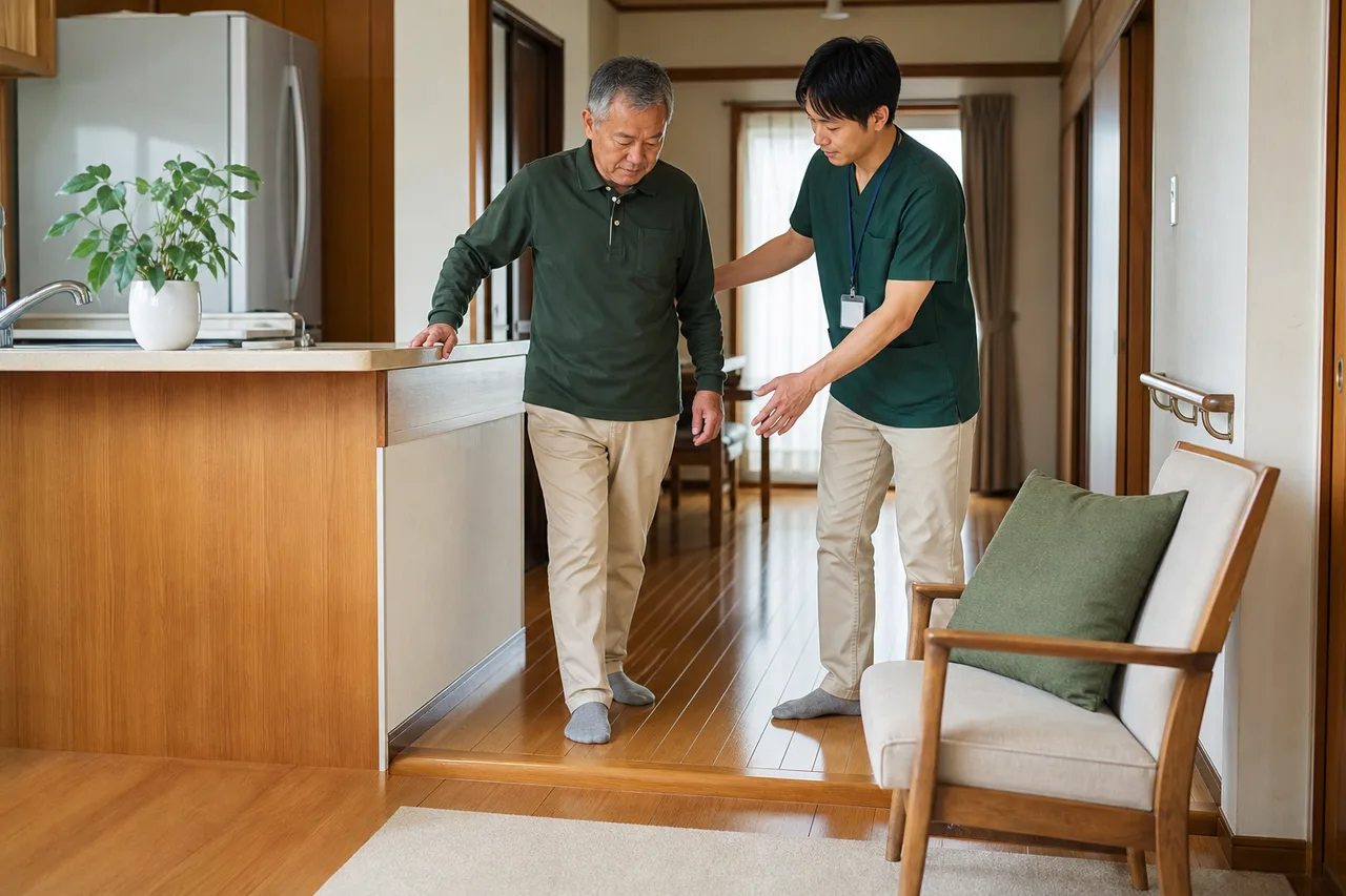 自宅の床や支えを確認しながらバランス運動を選ぶ高齢者と専門職