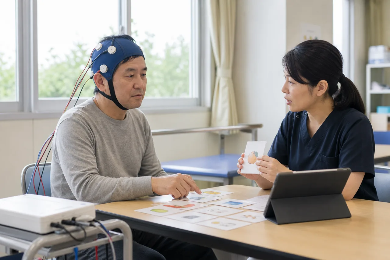 失語症のある方が専門職の見守りでtDCSと言語訓練を受けるイメージ