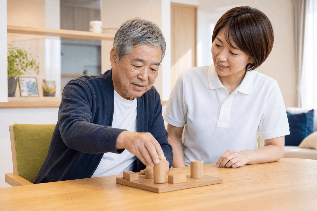卓上の道具を使った課題指向型訓練の様子