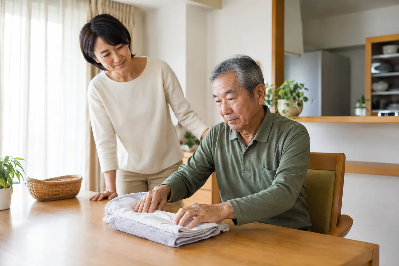 脳卒中後の生活目標に合わせてタオルを扱う両手活動を行う場面