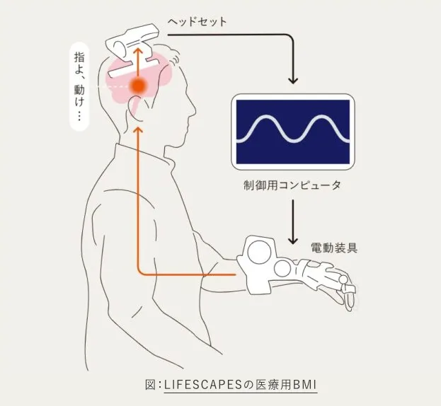 BMIの仕組み：頭のヘッドセットが脳波を読み取り、コンピュータを経由して手の装具に信号が送られる