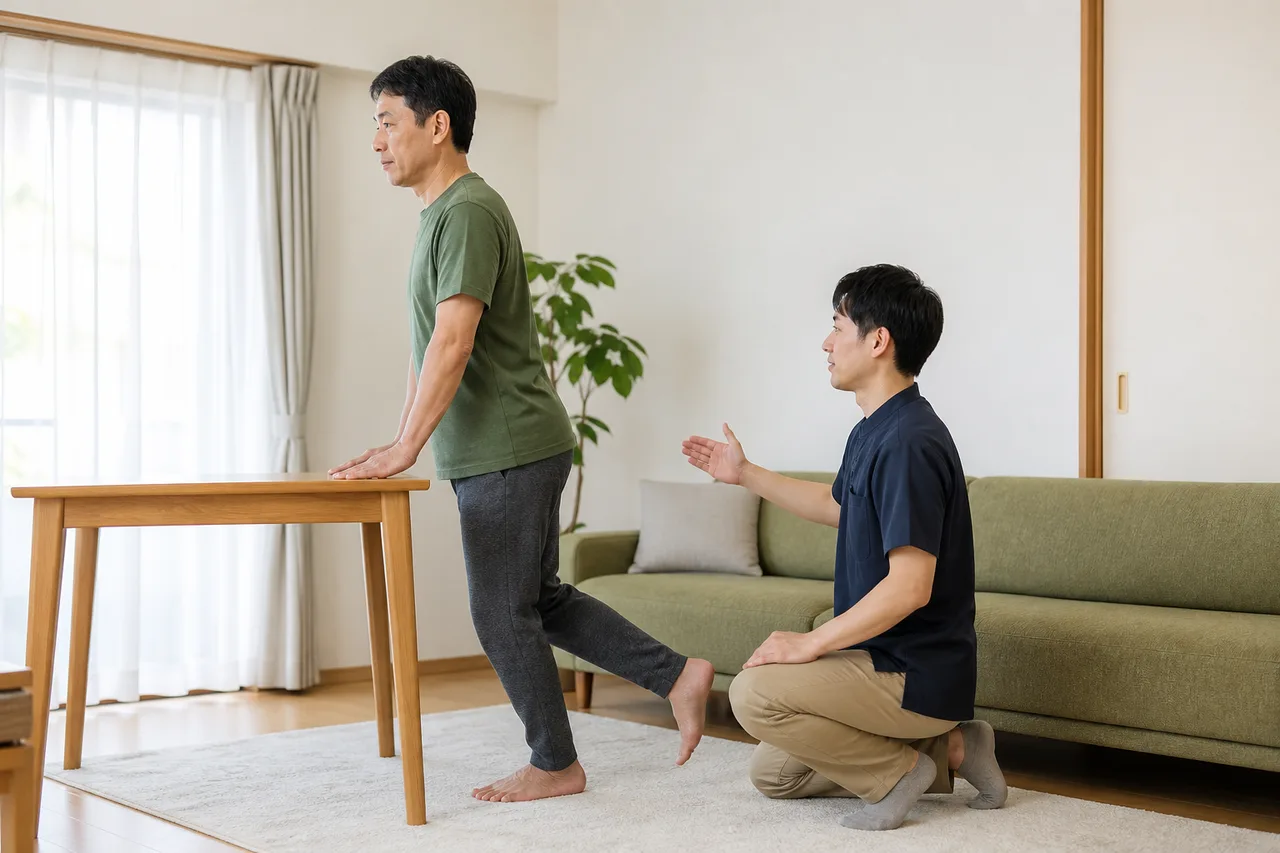 専門職の見守りのもとで無理のない範囲の軽い運動を行う様子