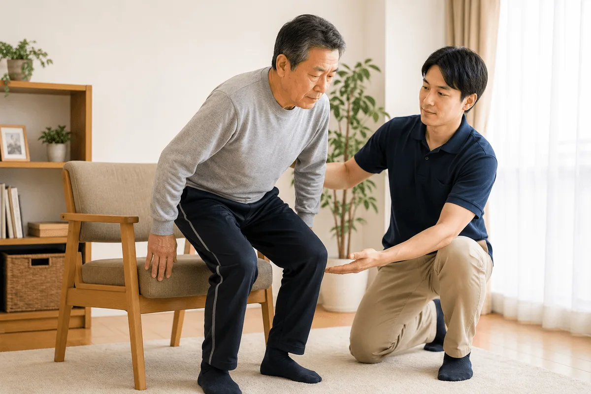 ご自宅で立ち上がりや歩行の状態を確認する様子