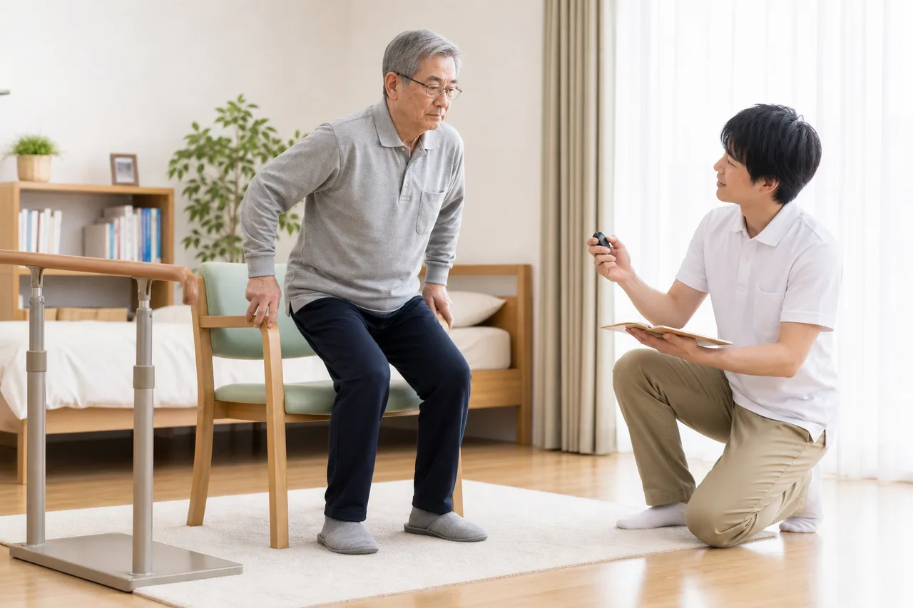 脳卒中後の在宅リハビリで立ち上がりの反復回数を記録する様子