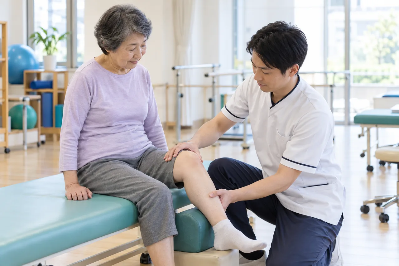 変形性膝関節症の膝の動きを専門職が穏やかに評価する場面
