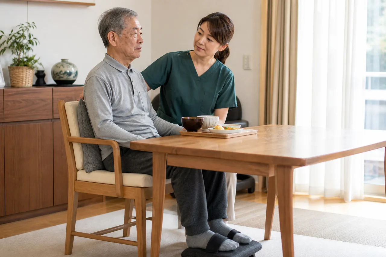 食事姿勢と体幹の安定を支える訪問リハビリの場面