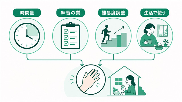 脳卒中後の上肢リハビリで時間量と質の両方が重要であることを示す説明図