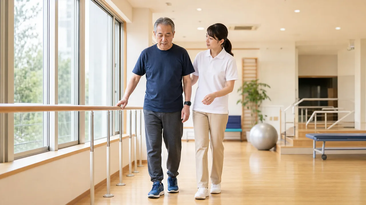 脳卒中後に専門職と歩行練習を行うイメージ