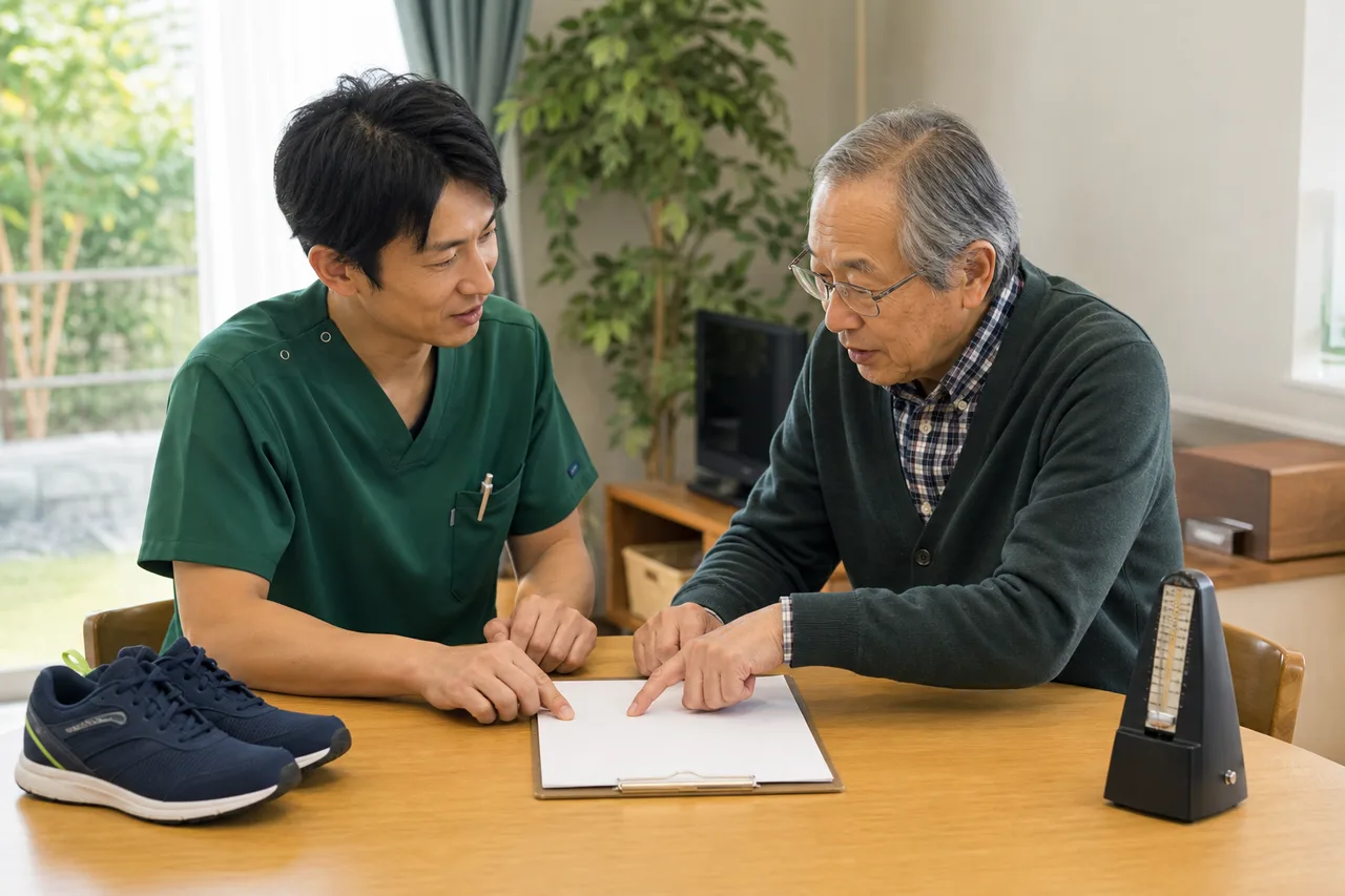 歩行練習の計画を作業療法士と一緒に確認する高齢男性