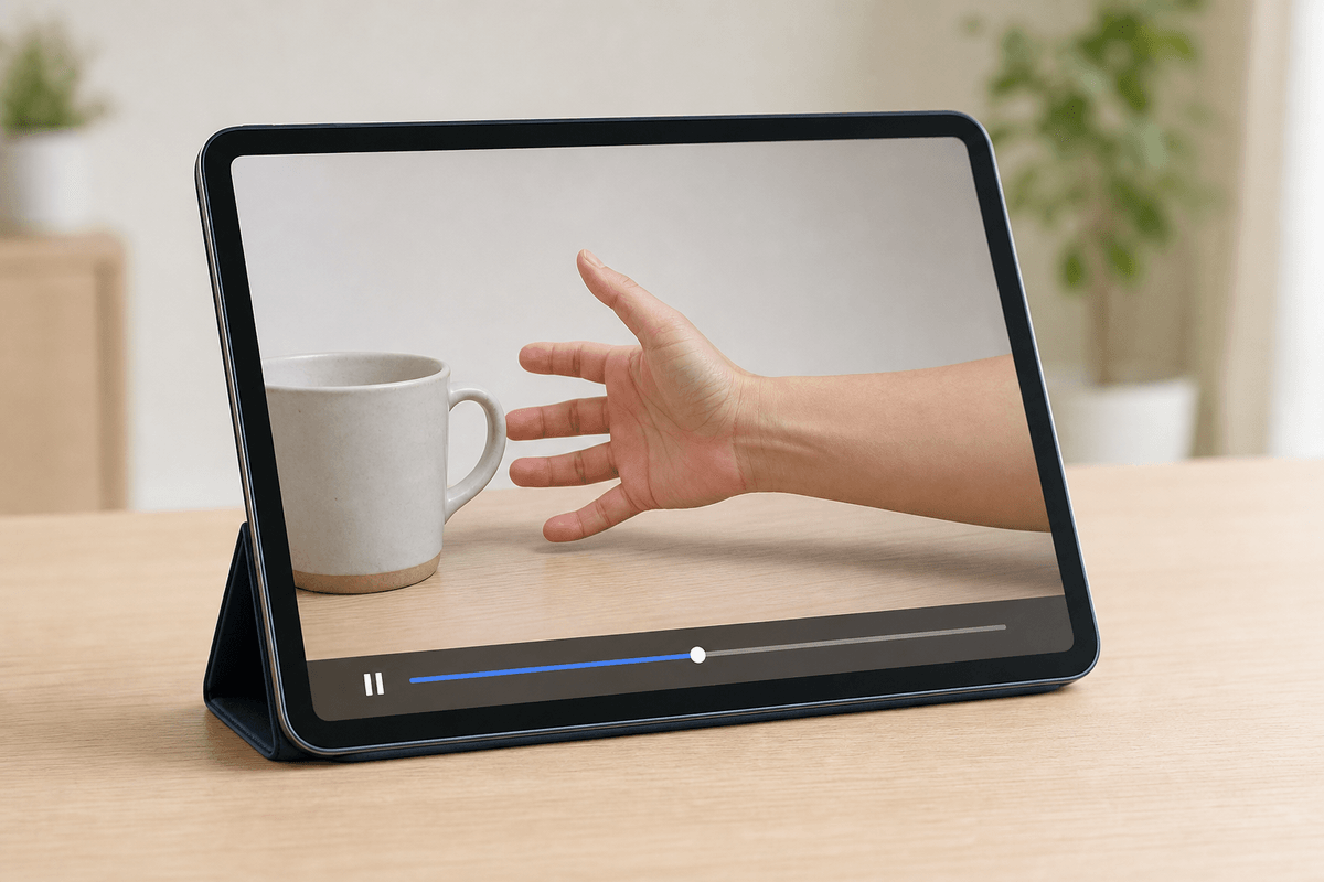 タブレットで手の動きを観察するリハビリの様子