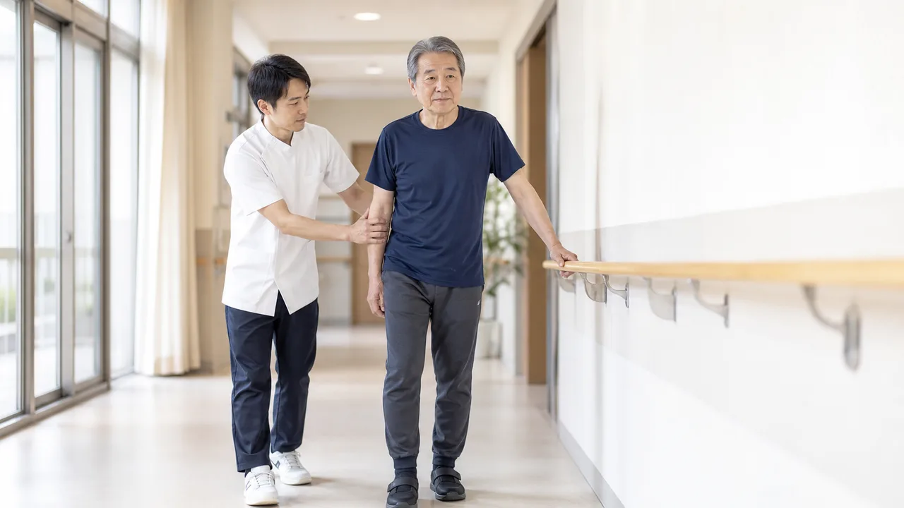 セラピストと立ち上がり・歩行を確認する場面