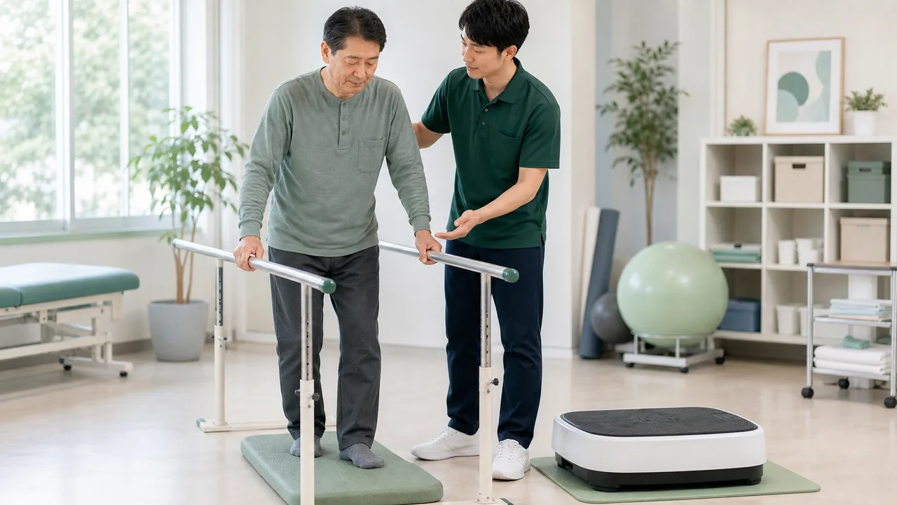 バランス練習と振動刺激を組み合わせる様子