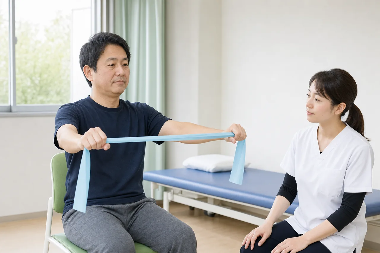 重症筋無力症の方が専門職の見守りで軽い運動を行う場面