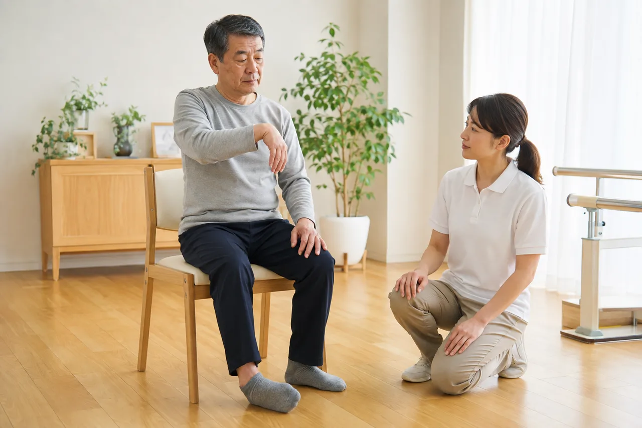 脳卒中後の手のつっぱりを療法士が姿勢と動作から確認する場面