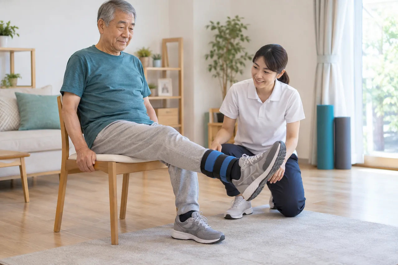 変形性膝関節症の方が見守りのもとで膝伸展運動を行う場面