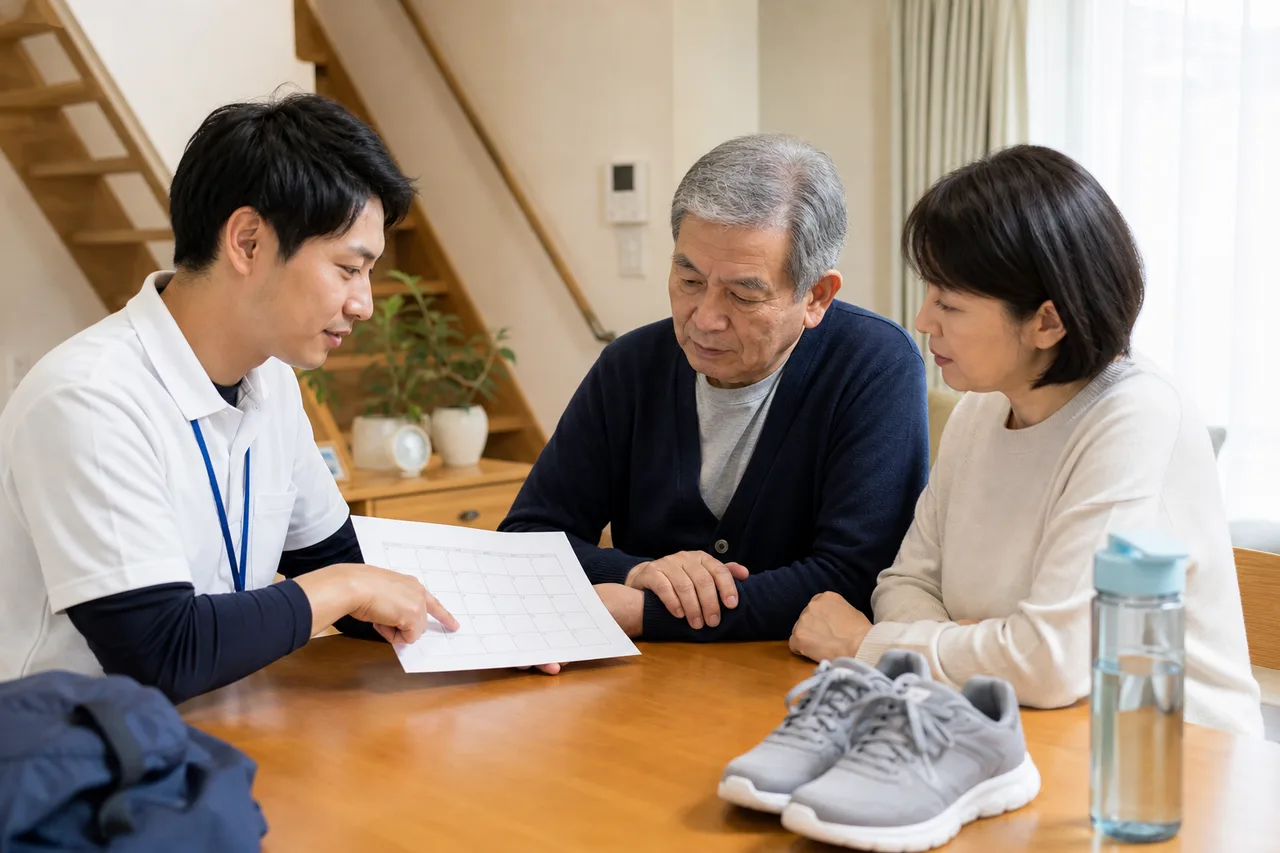 高齢者と家族が専門職と自宅で運動計画を確認する様子