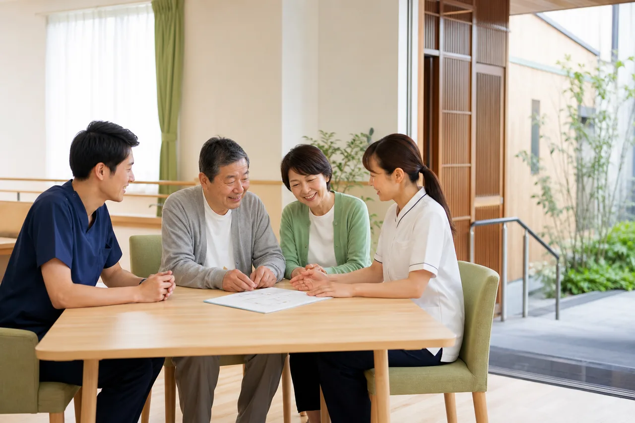 脳卒中後の退院に向けて本人・家族・専門職が支援計画を確認する場面