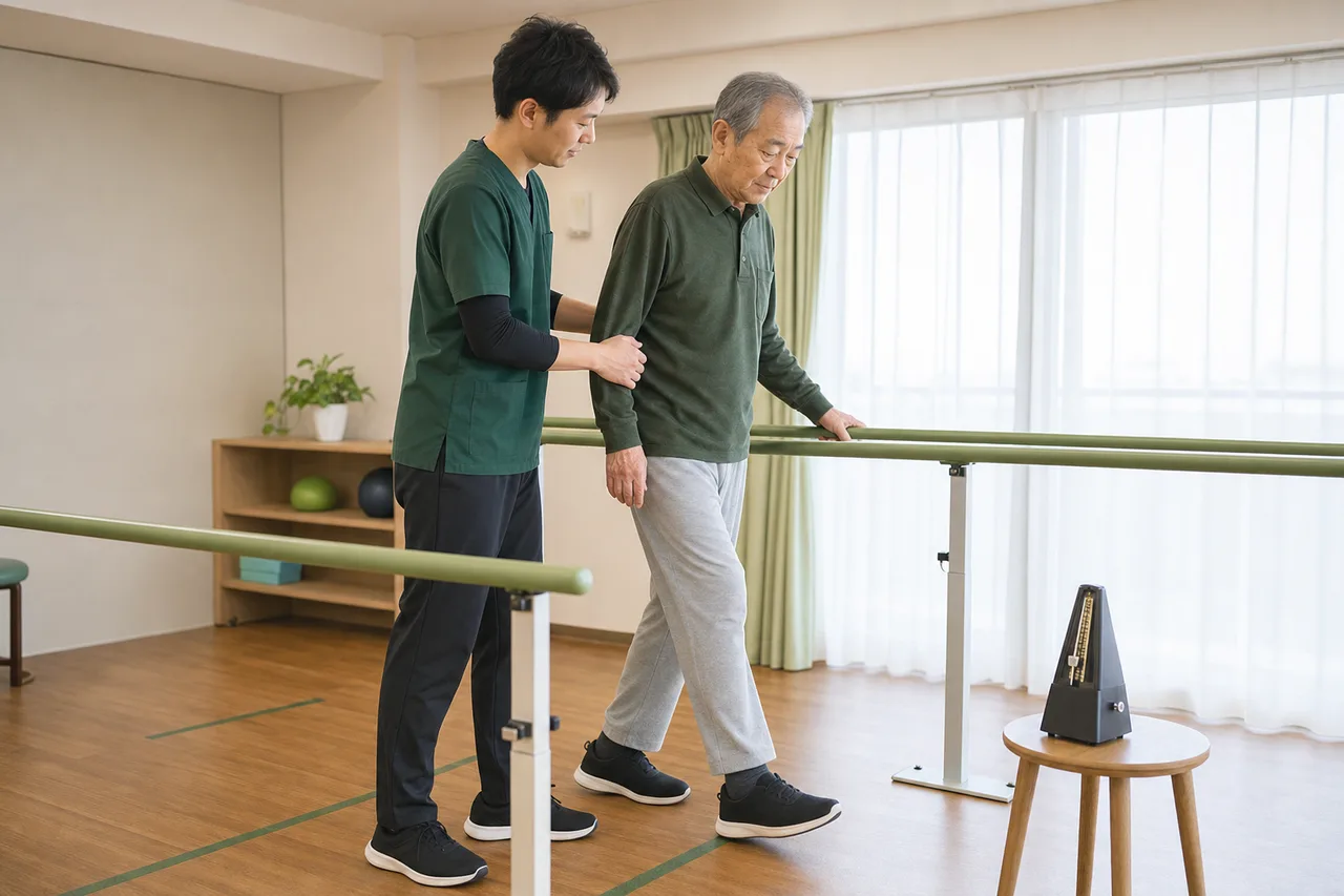 作業療法士の見守りのもとでリズムに合わせた歩行練習を行う高齢男性